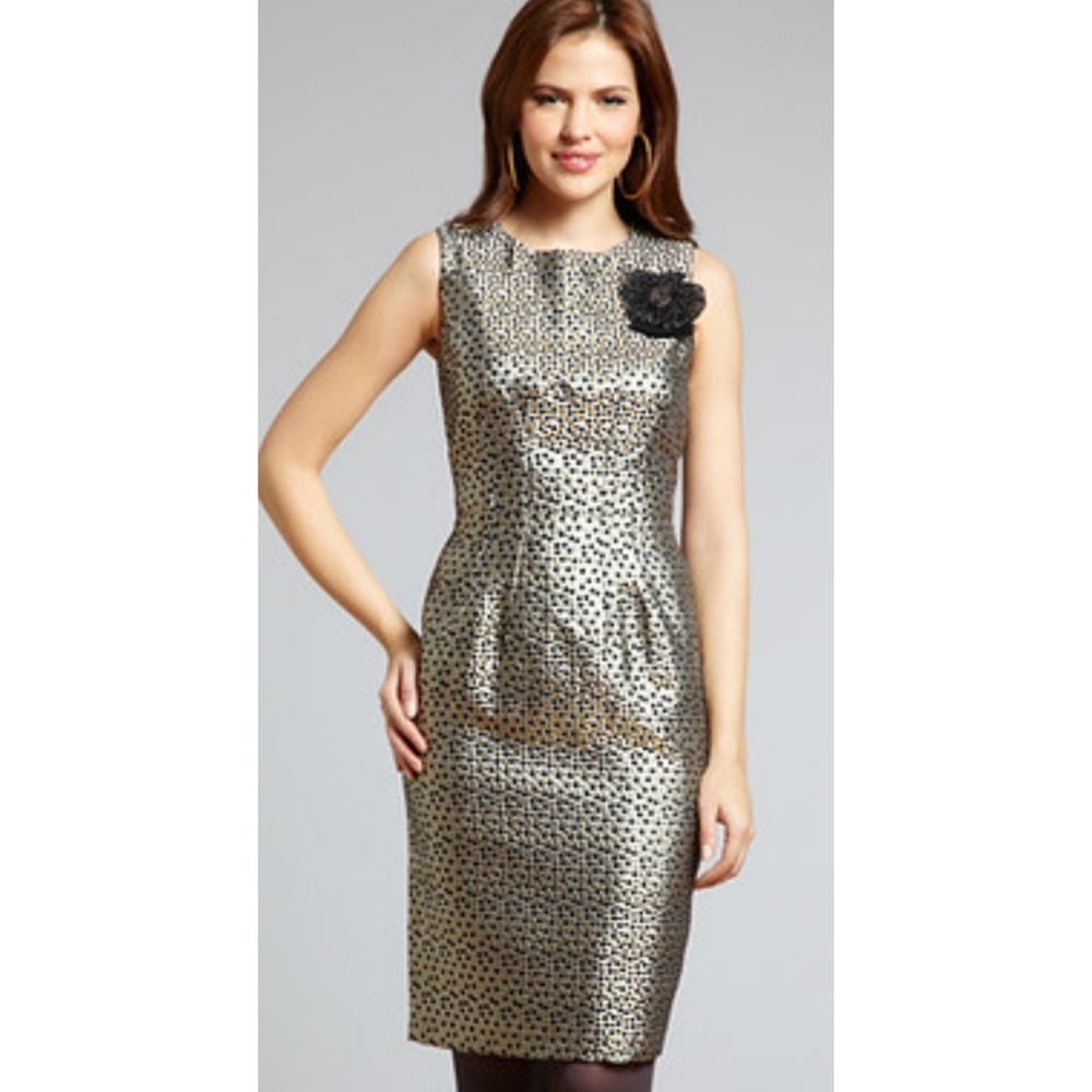 Taylor Metallic Sleeveless Shift  Dress Black & Gold Polka Dots